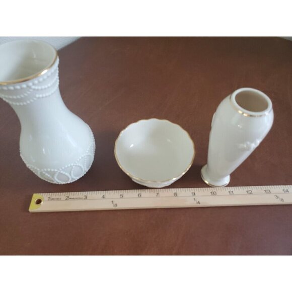Lenox‎ Vases And Bowl Rose Blossom Porcelain 24k Gold Rimmed Ivory Colored EUC - Picture 8 of 10